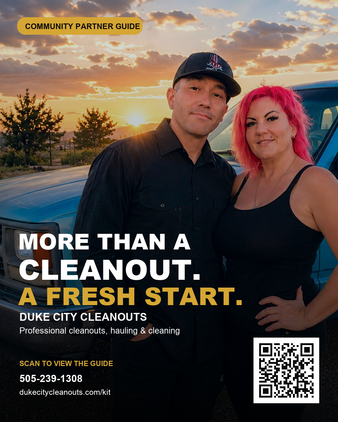 Textable Duke City Cleanouts Community Partner Guide image with QR code