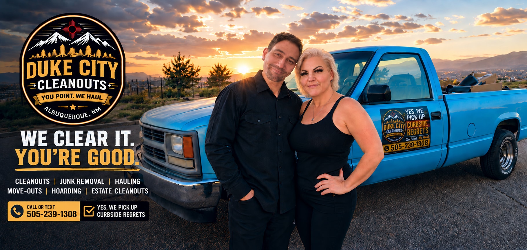 Nicole and Patrick of Duke City Cleanouts standing beside their blue cleanout truck at sunset in Albuquerque, New Mexico