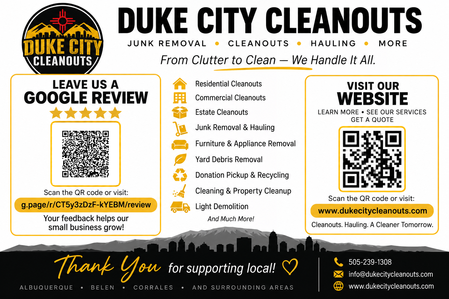 Duke City Cleanouts flyer inviting customers to leave a Google review, with a review QR code, cleanout services and contact information.