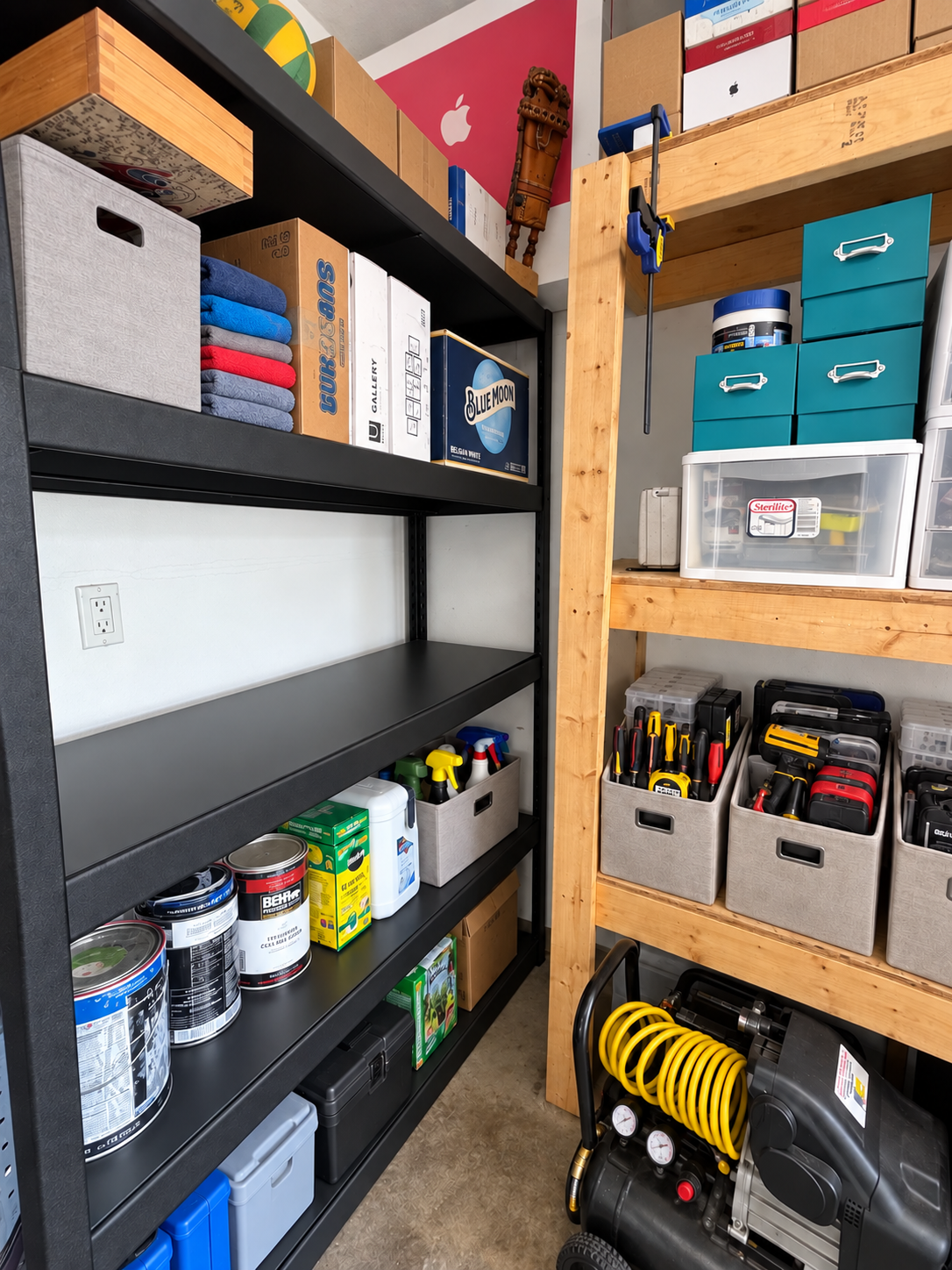 Garage Shelving Reset: AI-retouched after image showing a tidier arrangement of shelves, tools and storage.