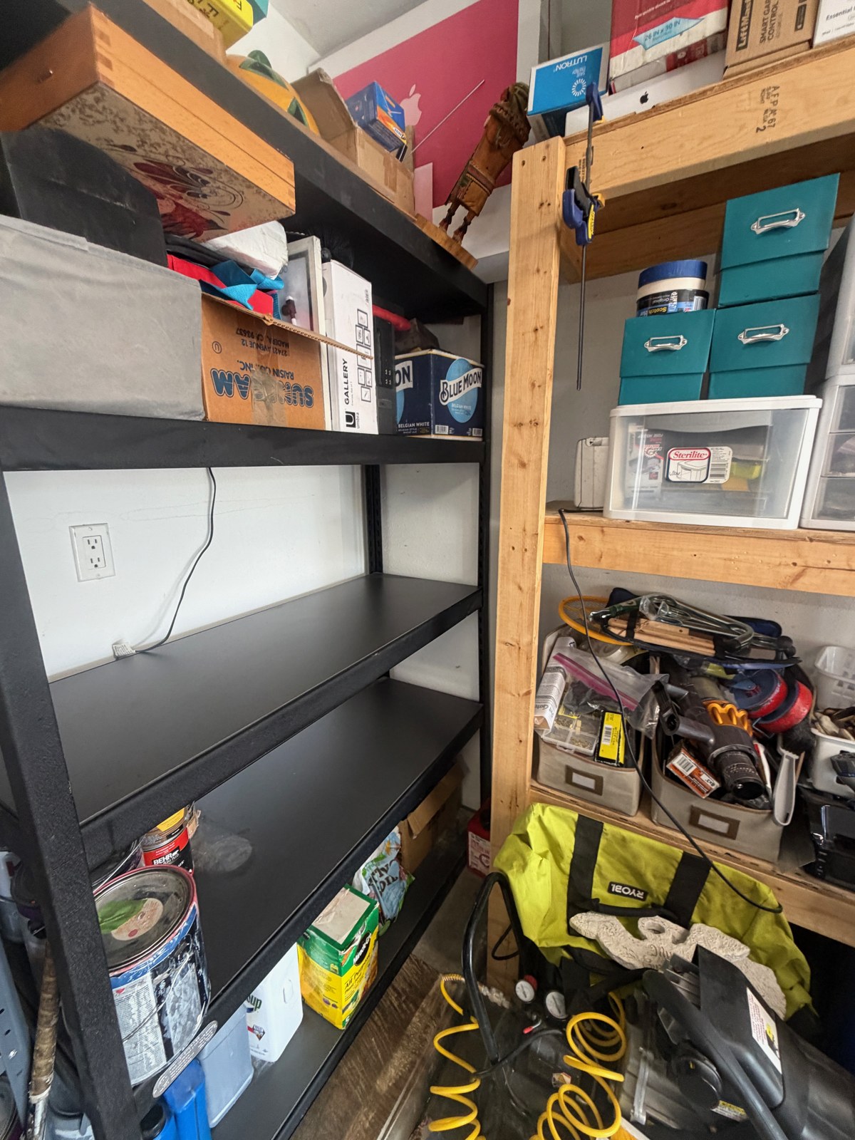 Garage Shelving — Original Photos: A crowded garage storage corner before and after sorting and clearing.